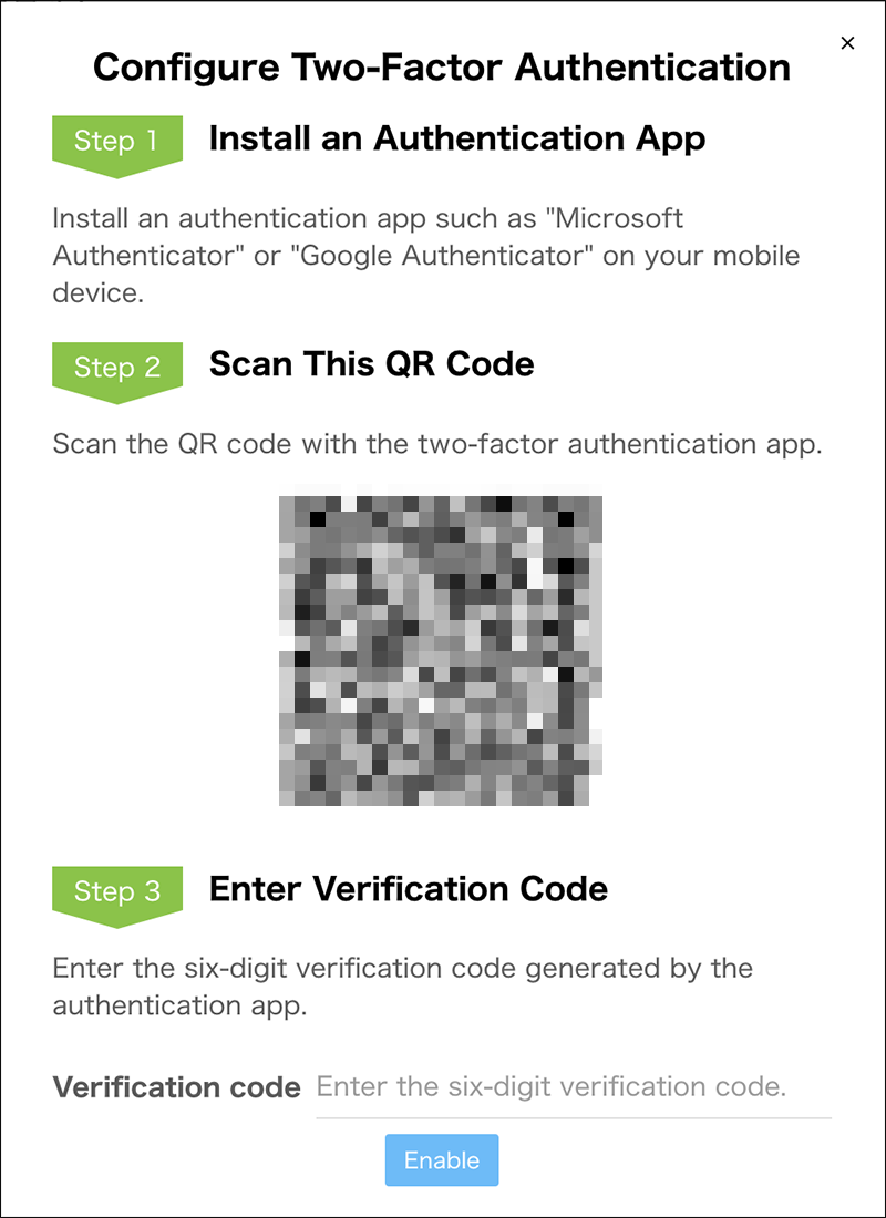 Screenshot: Registration dialog for the two-factor authentication