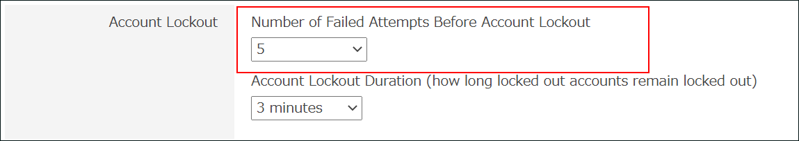 Screenshot: "Number of Failed Attempts Before Account Lockout" is highlighted