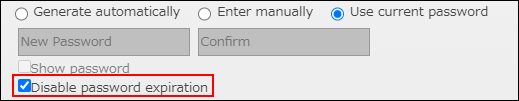 Screenshot: The "Disable password expiration" checkbox is selected