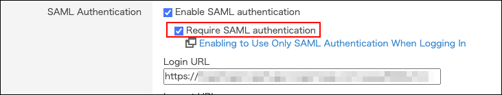 Screenshot: The "Require SAML authentication" checkbox is selected