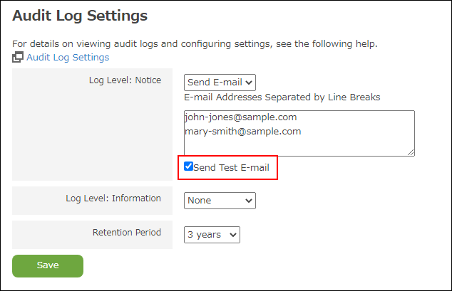 Screenshot: "Send Test Email" is selected