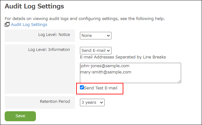 Screenshot: "Send Test Email" is selected